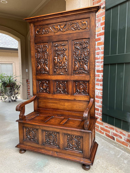 19th century French Hall Bench Settle Renaissance Carved Oak Breton Brittany