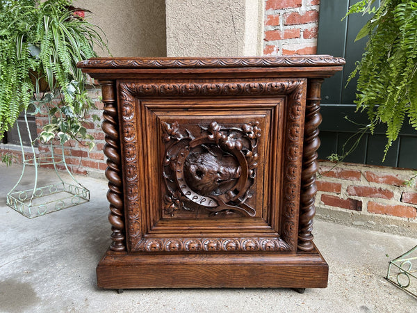 19th century French Carved Wine Cellarette Cabinet Black Forest Chest Hog Boar