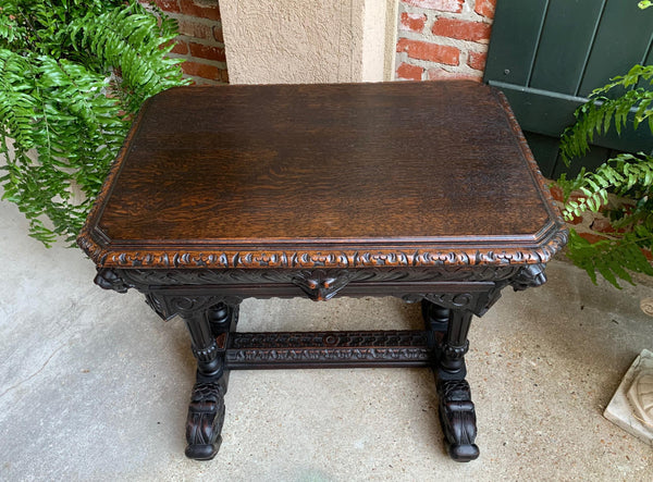 Antique Petite French Carved Oak Dolphin Table Desk Renaissance Gothic 19th c