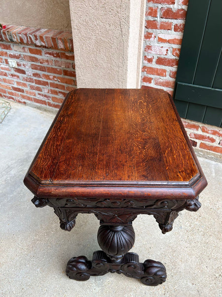 19th century Petite English Sofa Table Library Desk Renaissance Carved Oak