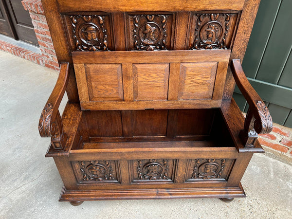 19th century French Hall Bench Settle Renaissance Carved Oak Breton Brittany