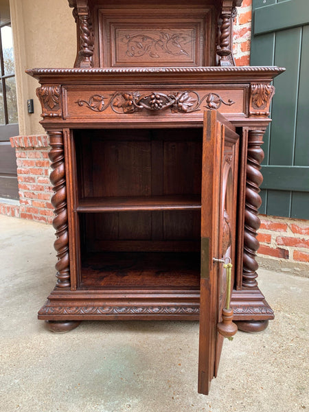 19th century French Hunt Cabinet Bookcase Black Forest Carved Oak Barley Twist