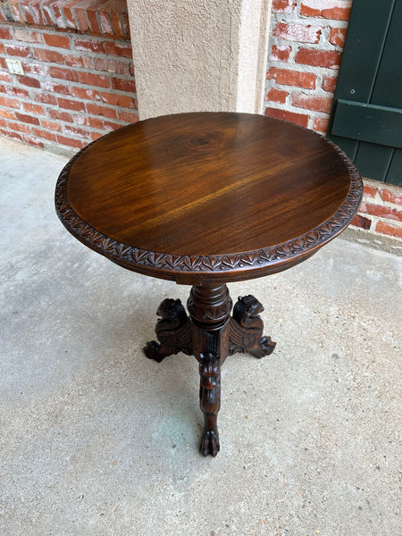 Antique French Carved Round End Table Neoclassical Walnut Tripod Gueridon