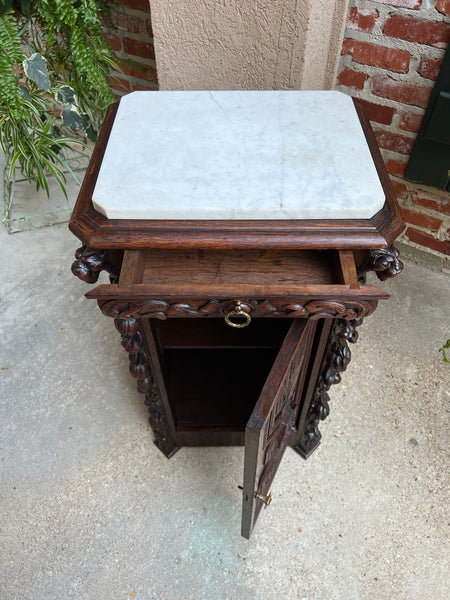 19th century French Louis XIII Cabinet Pedestal Table White Marble Carved Oak