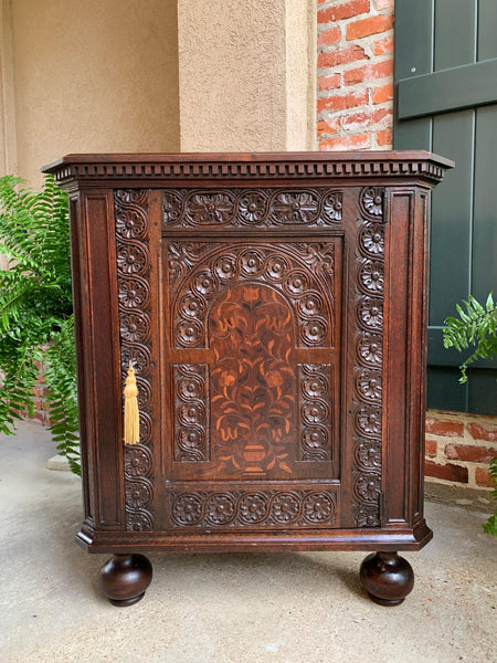 Antique English Carved Oak Corner Cabinet Marquetry Side Table 19th century
