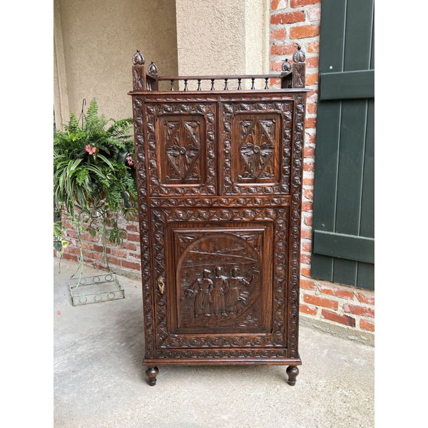 Antique French Carved Chestnut Cabinet Bonnetiere Armoire Breton Brittany