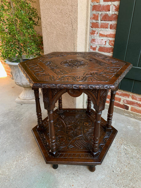 19th century French Carved Oak Center Side Table Hexagon Two Tier Shelf