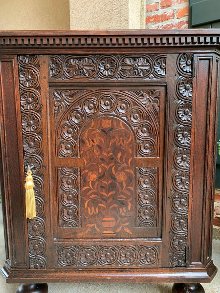 Antique English Carved Oak Corner Cabinet Marquetry Side Table 19th century
