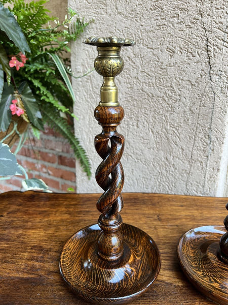 PAIR Antique English Oak OPEN Barley Twist Candlesticks Candle Holder Brass