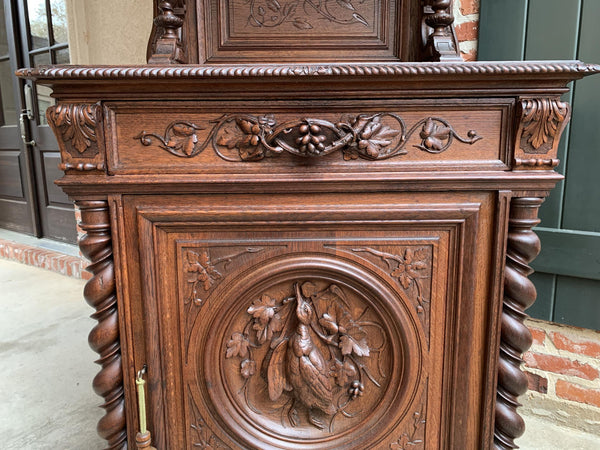 19th century French Hunt Cabinet Bookcase Black Forest Carved Oak Barley Twist