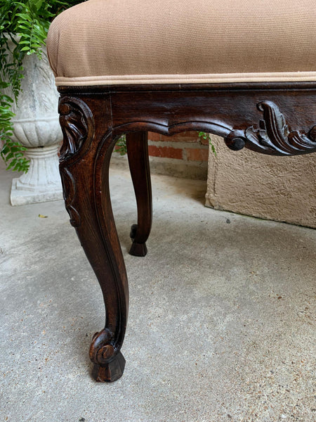 Antique French Carved Dark Oak Bench Stool Ottoman Louis XV style