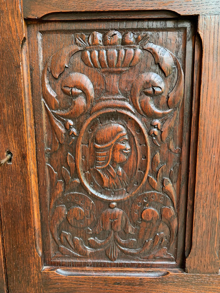 Antique French Carved Oak Renaissance Cabinet Bookcase Court Cupboard 19th c