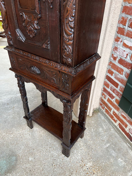 19th century Antique English Cabinet Bookcase Carved Oak Pegged Cupboard