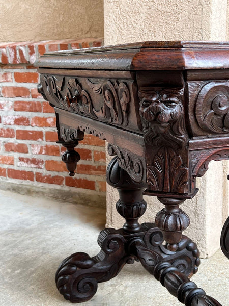 19th century Petite English Sofa Table Library Desk Renaissance Carved Oak