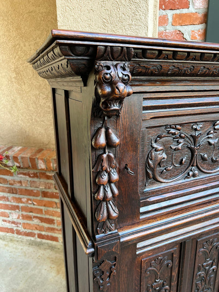 Antique French Cabinet Renaissance Carved Oak Bookcase Wine Cellarette Sideboard
