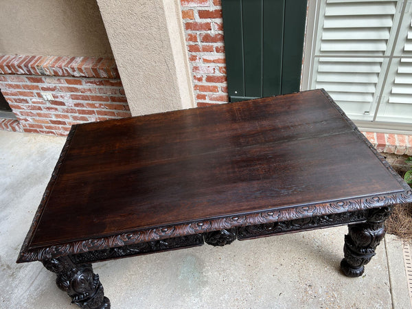 19th century French Library Writing Desk Table Renaissance Carved Oak Baroque