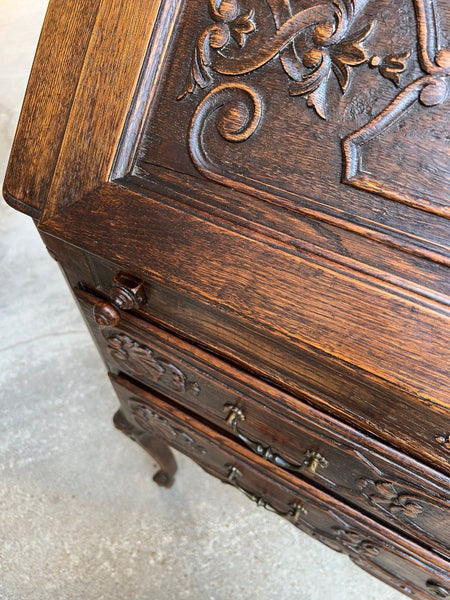 Antique French Carved Oak Secretary Desk Bureau Drop Front Louis XV Style