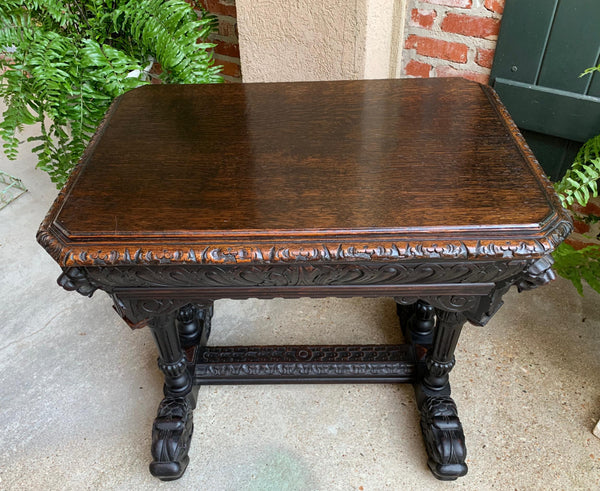 Antique Petite French Carved Oak Dolphin Table Desk Renaissance Gothic 19th c