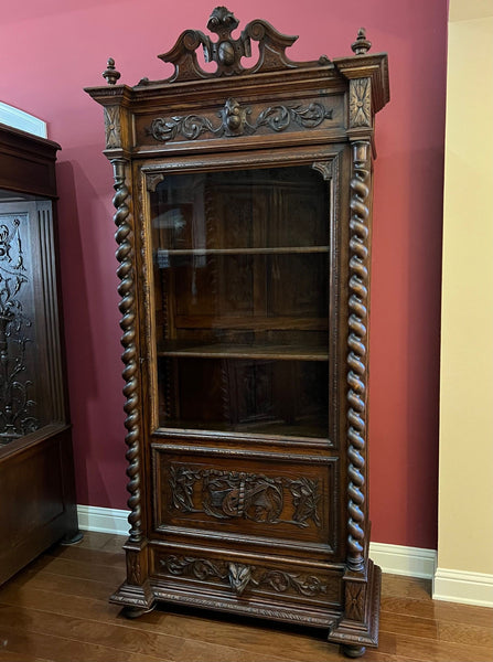 19th century French Vitrine Cabinet Bookcase Barley Twist Black Forest Carved