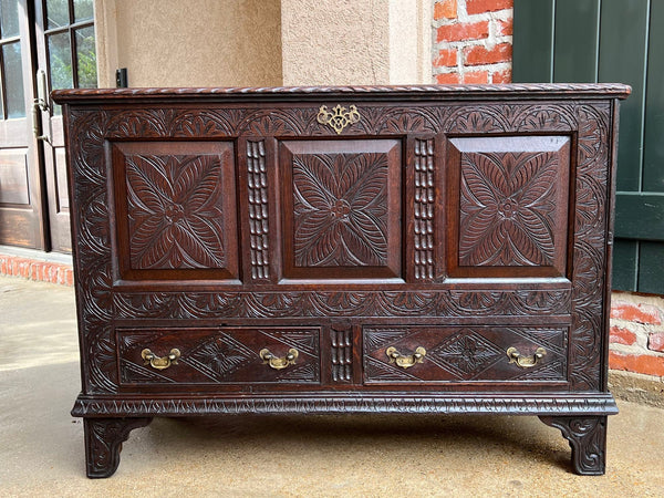 19th century Antique English Trunk Coffer Blanket Chest Carved Oak Foyer Table