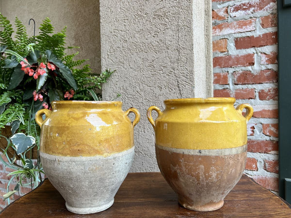 19th century PAIR Set 2 French Confit Pot Yellow Glazed Pottery Provincial