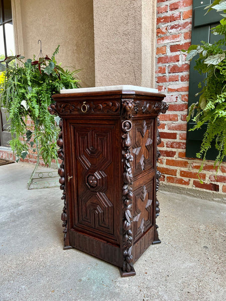 19th century French Louis XIII Cabinet Pedestal Table White Marble Carved Oak