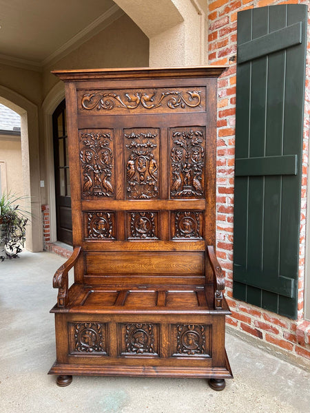 19th century French Hall Bench Settle Renaissance Carved Oak Breton Brittany