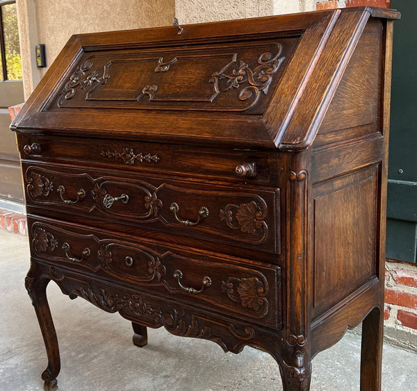 Antique French Carved Oak Secretary Desk Bureau Drop Front Louis XV Style