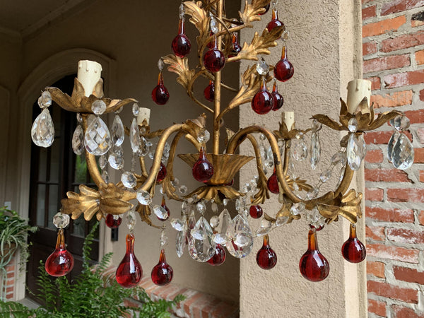 Antique French Crystal Prism Chandelier Murano Glass Red Drop Gold Gilt 4 arm