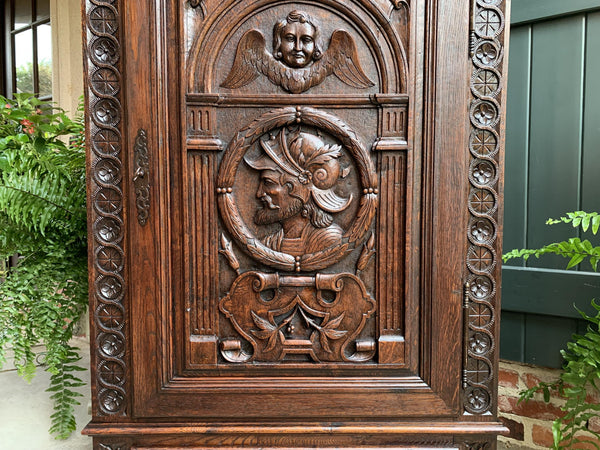 Antique French Carved Oak Storage Cabinet Renaissance Roman Centurion 19th cent