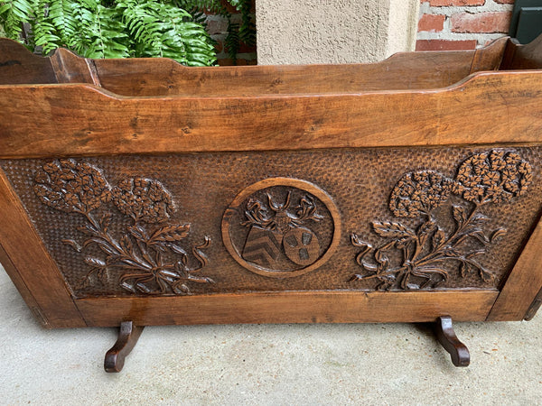 19th century Antique French Provincial Carved Oak Baby Doll Bed Crib Planter