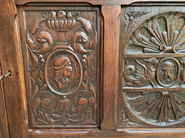 Antique French Carved Oak Renaissance Cabinet Bookcase Court Cupboard 19th c
