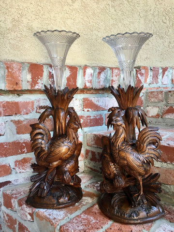 PAIR Antique Carved Wood BLACK FOREST Bird Chicken Vase Epergne Candleholder