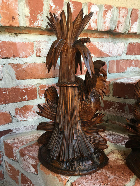 PAIR Antique Carved Wood BLACK FOREST Bird Chicken Vase Epergne Candleholder