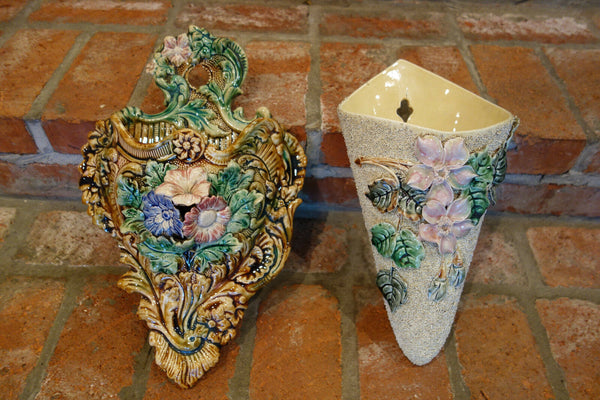 Antique French Majolica Barbotine Wall Pocket Flower Vase Confetti Staffordshire