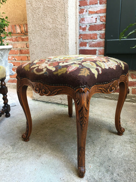 Antique French Carved Oak Louis XV Stool Bench Tapestry Serpentine Tall Cabriole