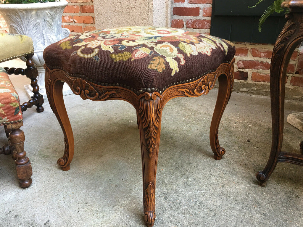 Antique French Carved Oak Louis XV Stool Bench Tapestry Serpentine Tall Cabriole