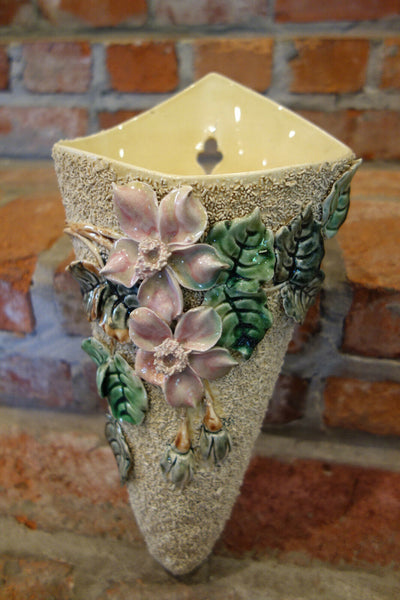 Antique French Majolica Barbotine Wall Pocket Flower Vase Confetti Staffordshire