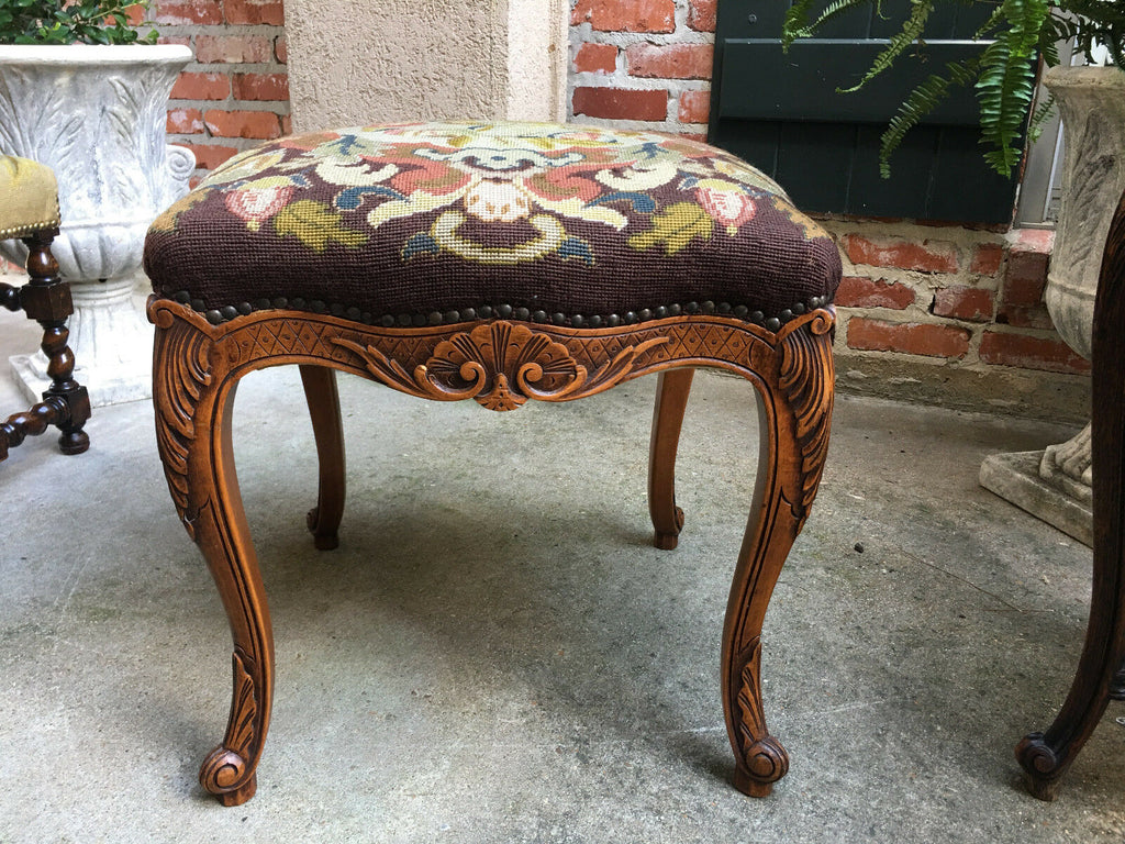 Antique French Carved Oak Louis XV Stool Bench Tapestry Serpentine
