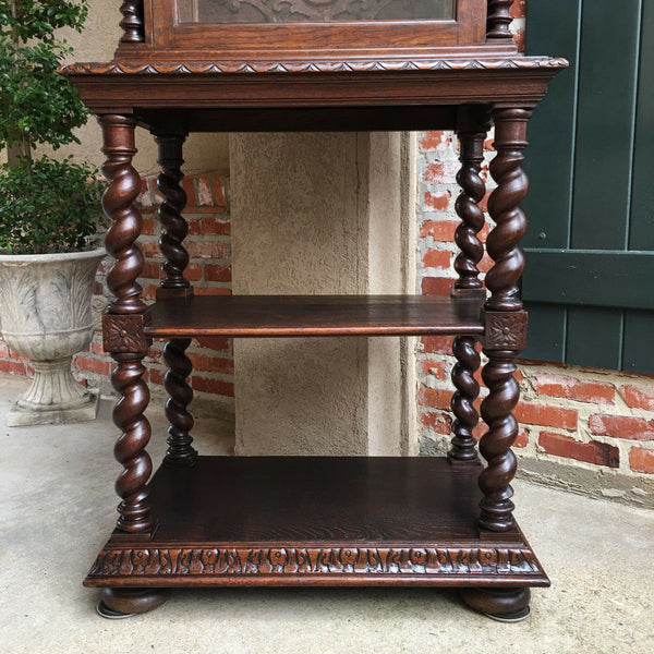 Antique French Carved Oak BARLEY TWIST Display Cabinet Shelf Bookcase Glass