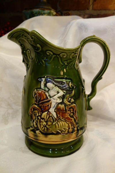 Antique French Majolica Pitcher Green Hunt Warrior Horse North Wind Victorian