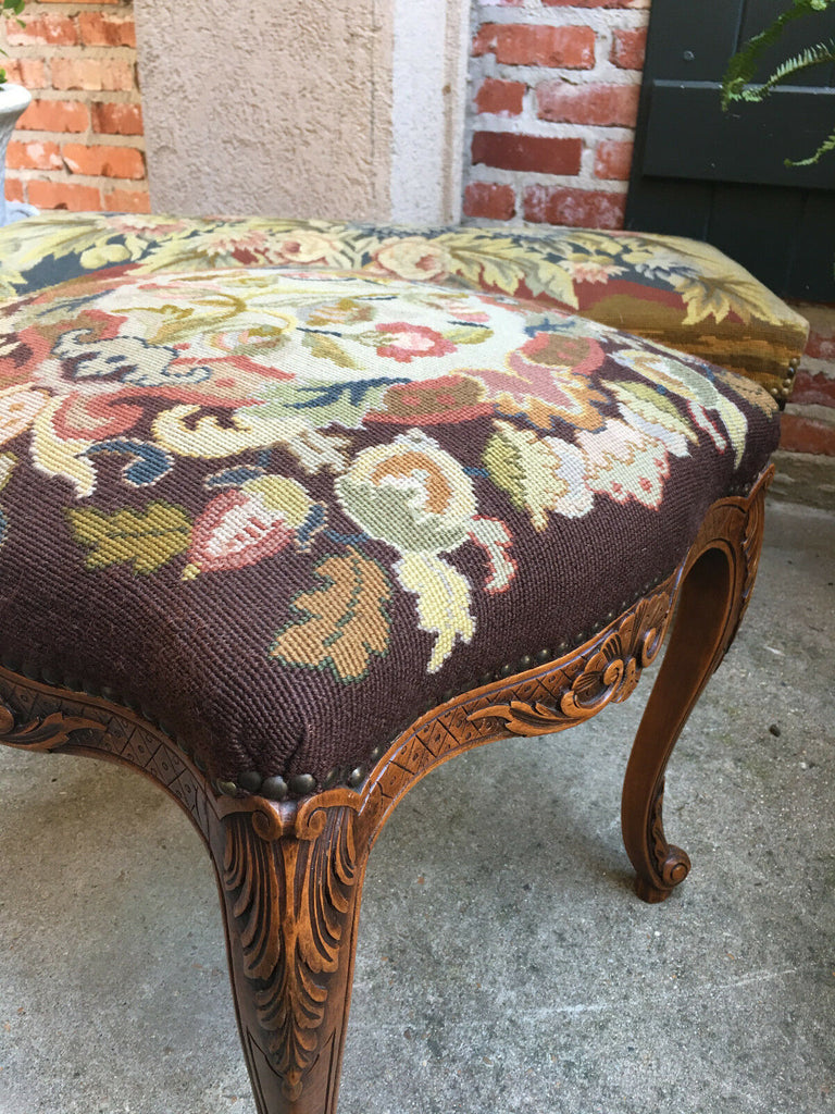 Antique French Carved Oak Louis XV Stool Bench Tapestry Serpentine