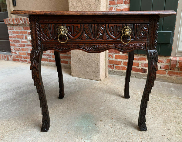 Antique English Carved Oak Hall Side TABLE Nightstand Brass Renaissance Lion