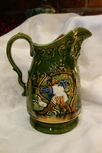 Antique French Majolica Pitcher Green Hunt Warrior Horse North Wind Victorian
