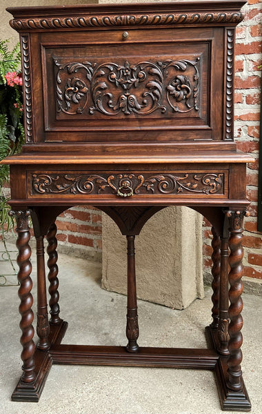 19th century French Carved Secretary Petite Writing Desk Barley Twist Louis XIII