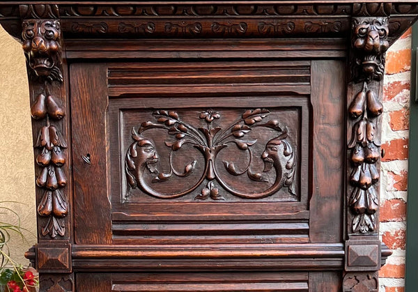Antique French Cabinet Renaissance Carved Oak Bookcase Wine Cellarette Sideboard