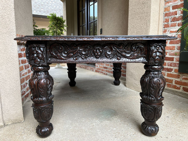 19th century French Library Writing Desk Table Renaissance Carved Oak Baroque