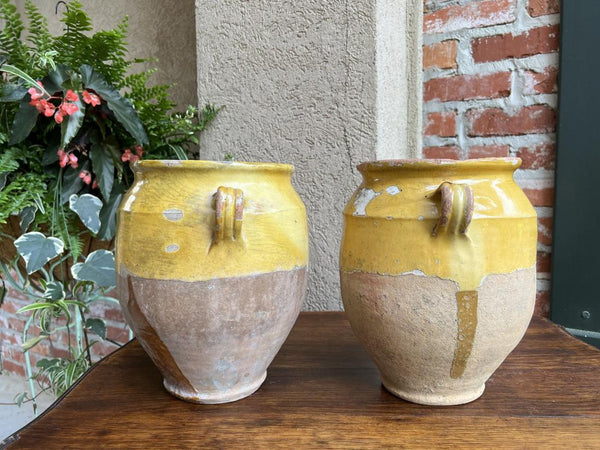 19th century PAIR Set 2 French Confit Pot Yellow Glazed Pottery Provincial