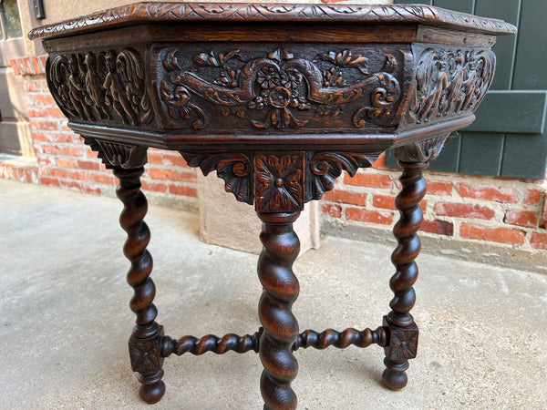 Antique French Octagon Sofa Table Carved Oak Barley Twist Louis XIII Renaissance