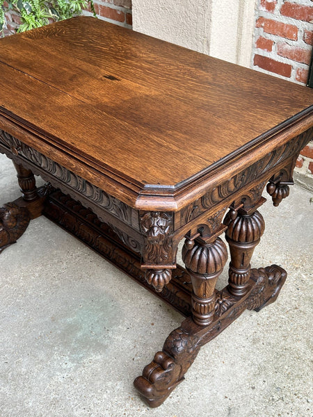 19th century French Carved Oak Dolphin Library Table Desk Renaissance Gothic